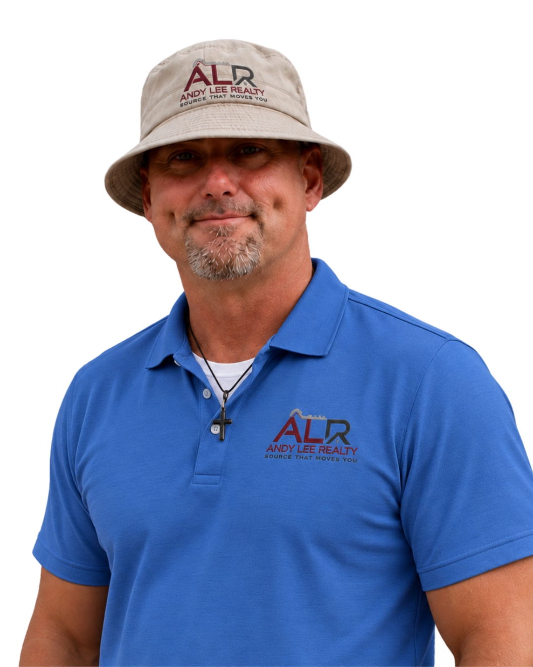 Andy Lee wearing a blue Andy Lee Realty shirt