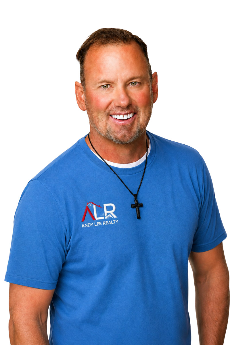 Andy Lee wearing a blue Andy Lee Realty shirt