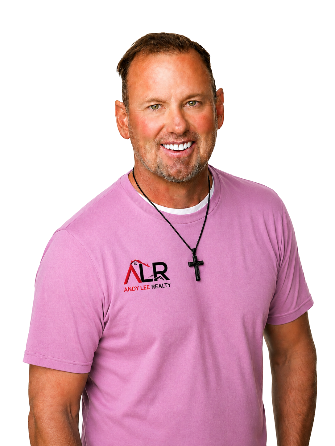Andy Lee wearing a pink Andy Lee Realty shirt